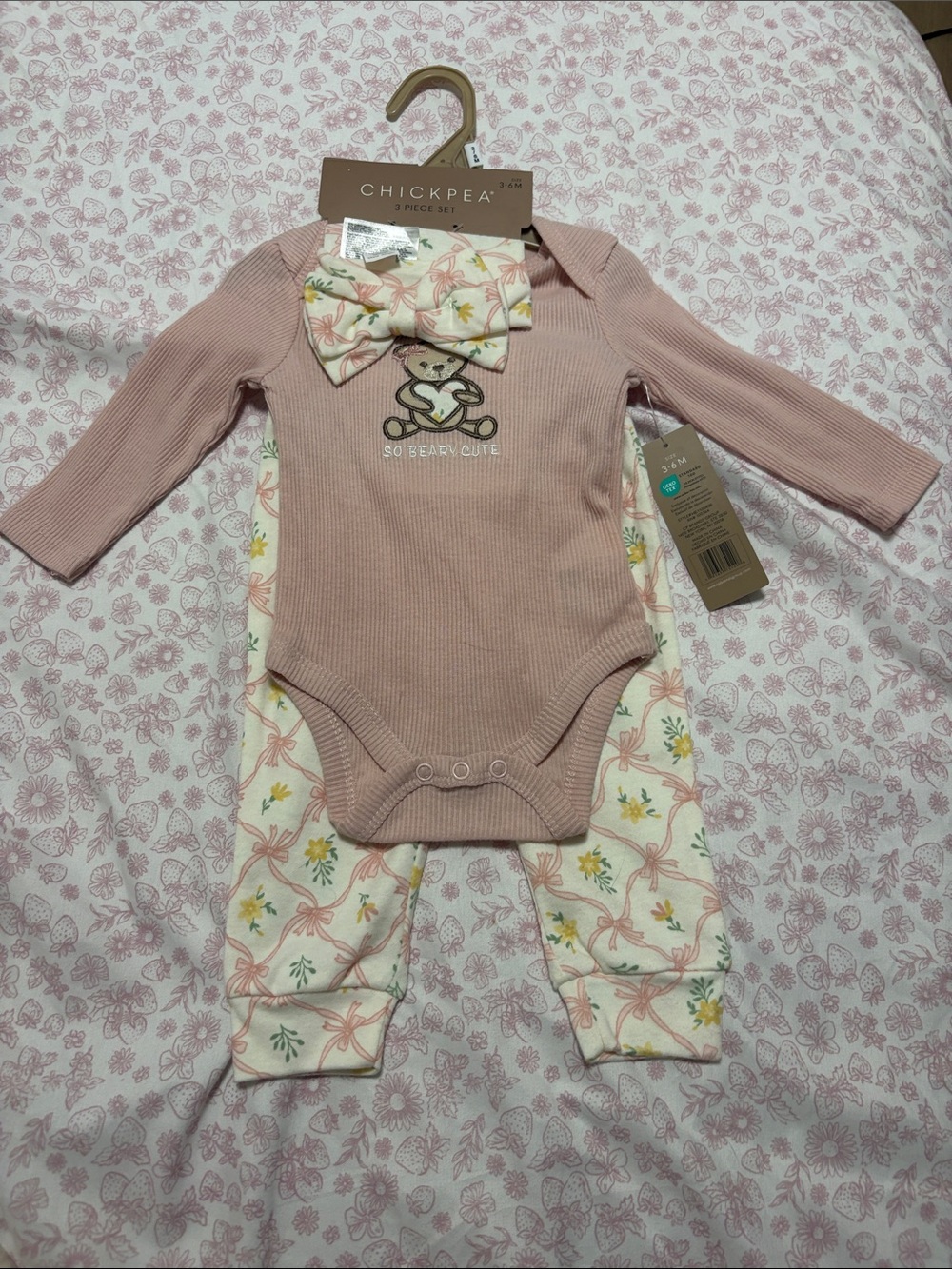 chick pea Pink Ribbed Bear One-Piece Set with Floral Pants & Bow